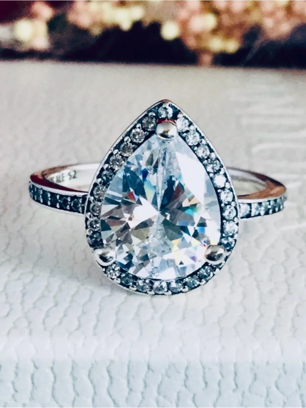Pandora Silver Pear-Cut Halo Ring with Clear Stone size 7